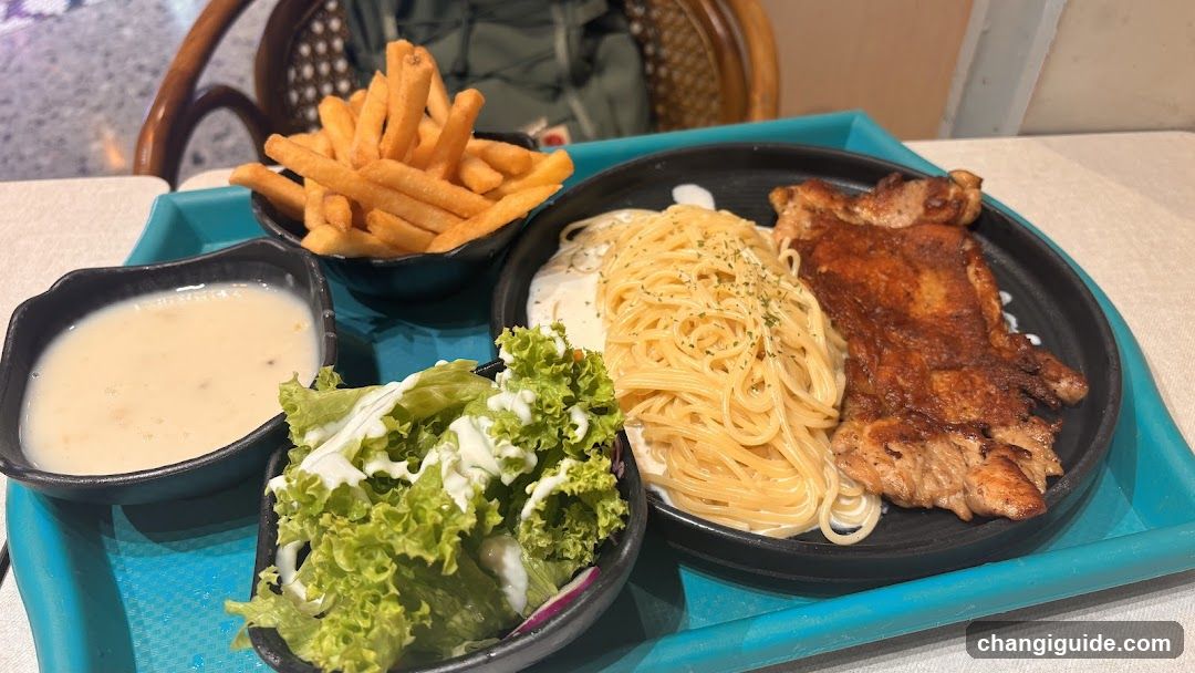 Meal Tray with Pasta, Chicken, Fries and Salad