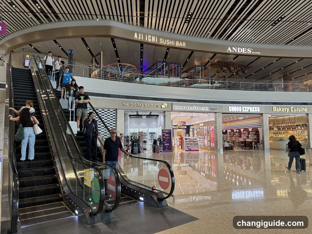 Airport Terminal Interior with Shops and Escalator