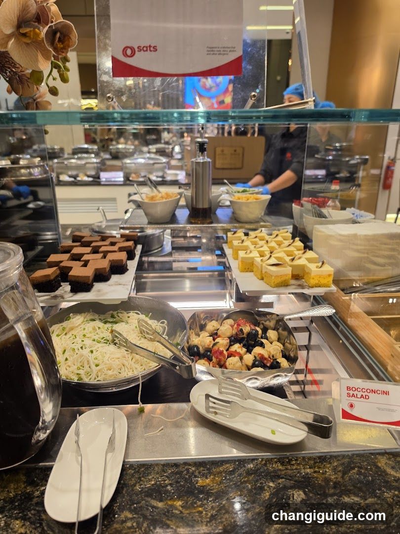 A buffet setup featuring various food items including salads, desserts, and beverages. A sign with the 'sats' logo is visible in the background.