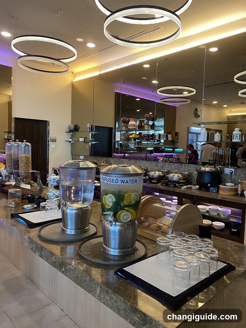 A modern hotel lobby beverage station featuring stainless steel dispensers filled with infused water and plain water, arranged on a marble countertop. In the background, a kitchen area is visible through glass doors, along with shelves displaying various items. The room is illuminated by circular pendant lights hanging from the ceiling.