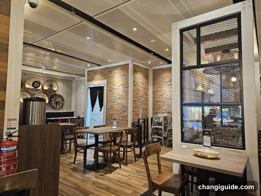 Restaurant Interior with Brick Walls and Wooden Furniture