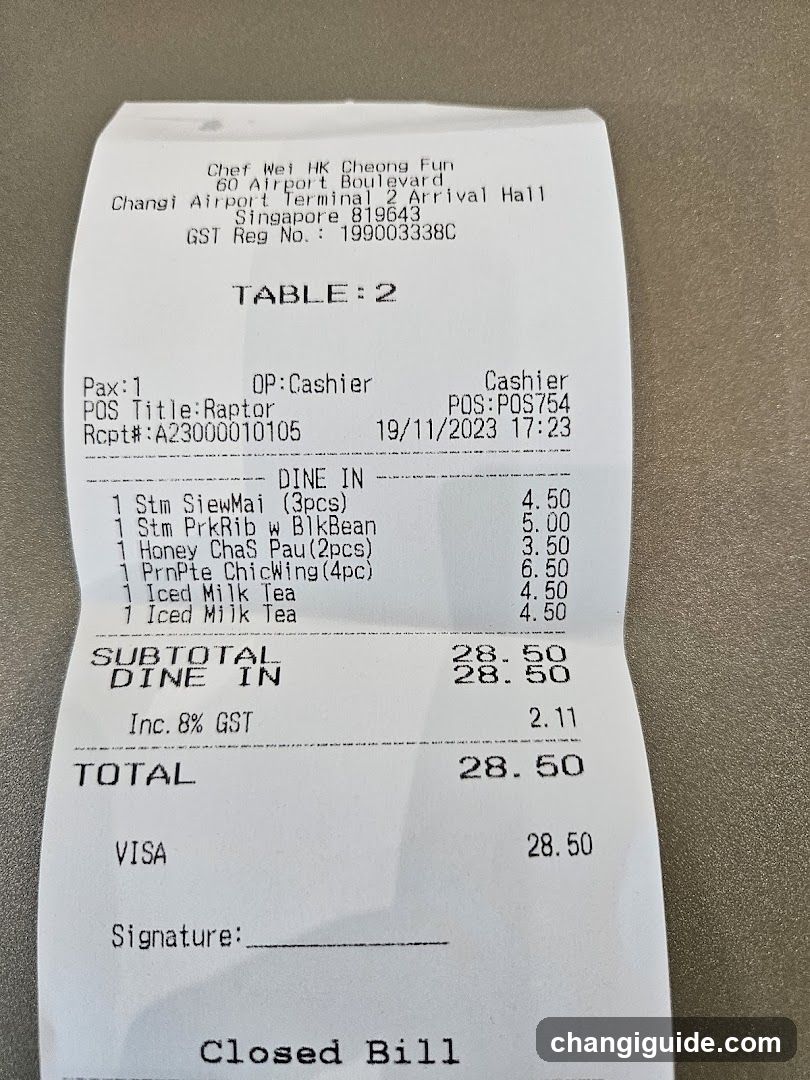 Receipt from Changi Airport Terminal 2