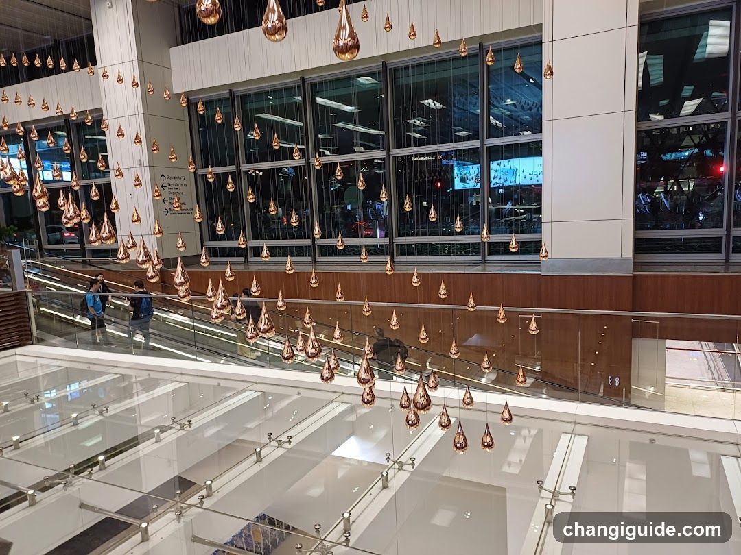 Interior of a modern building with hanging copper lights