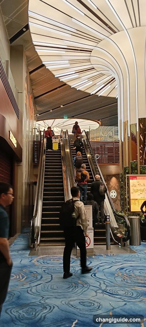 Interior of a modern building with escalators and patterned carpet