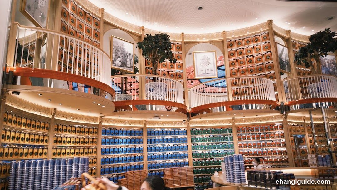 Interior of a tea shop with multi-level shelving