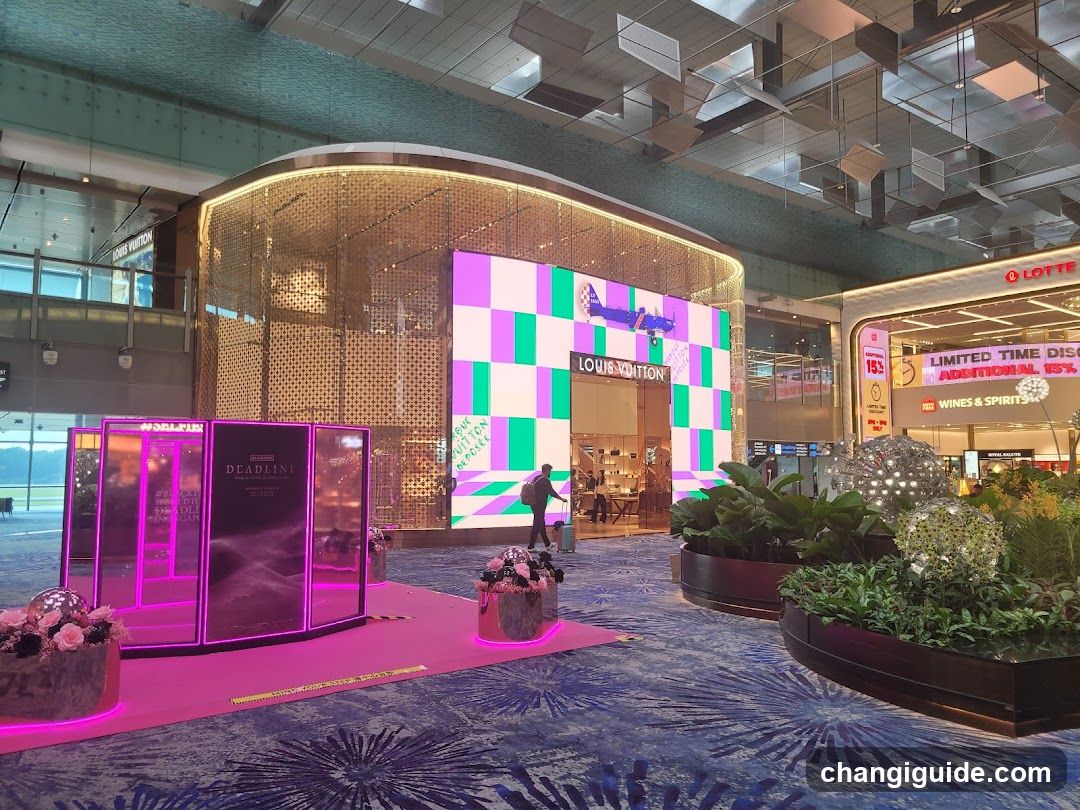 Airport Terminal Interior with Louis Vuitton Storefront and Promotional Displays