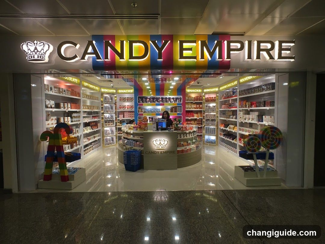A brightly lit candy store entrance with a large illuminated sign reading 'CANDY EMPIRE' above the glass doors. The facade features colorful striped accents and displays of lollipop-themed decorations on either side. Inside, shelves are stocked with various candies and snacks under warm lighting.