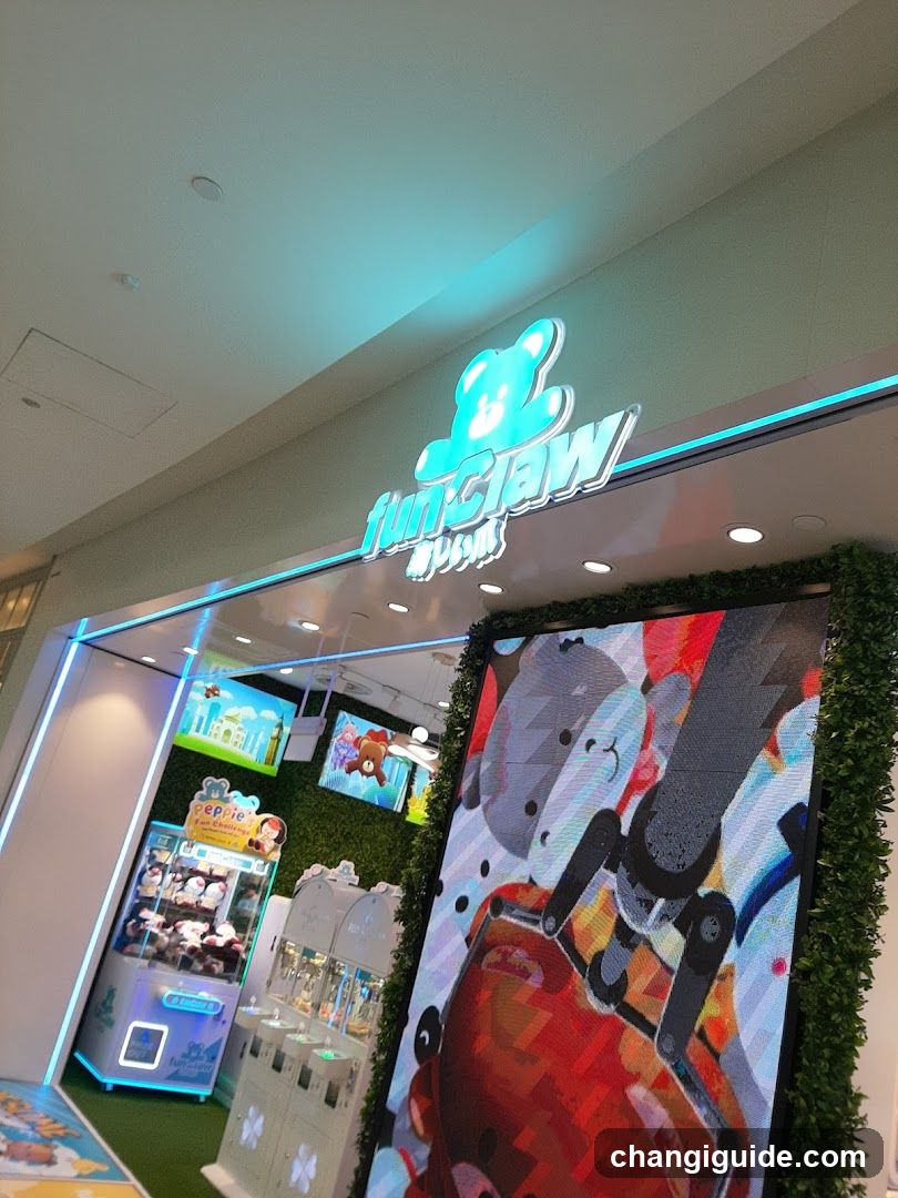 The image shows the exterior entrance of a shop called 'Fun Claw House'. The sign features a glowing blue bear logo above the text 'fun claw HOUSE' with neon lighting outlining the storefront. Inside, there are claw machines and arcade games visible through glass doors. A large pixelated graphic on the wall depicts characters in colorful outfits.
