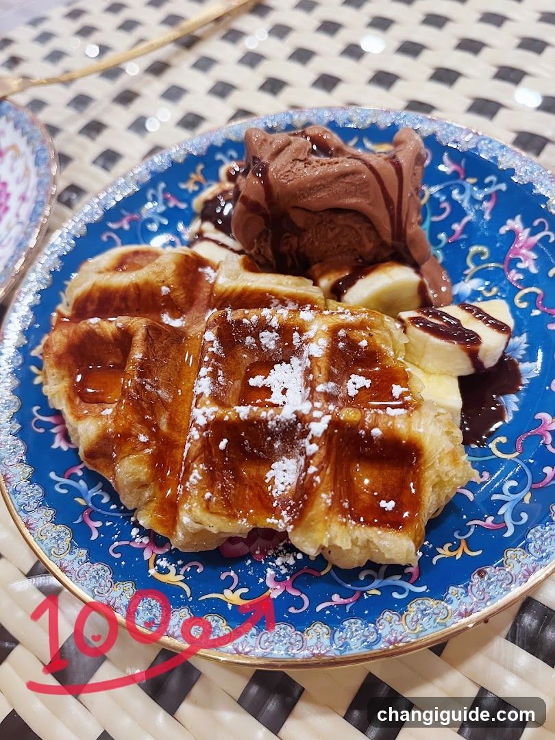 Waffle with Ice Cream and Syrup