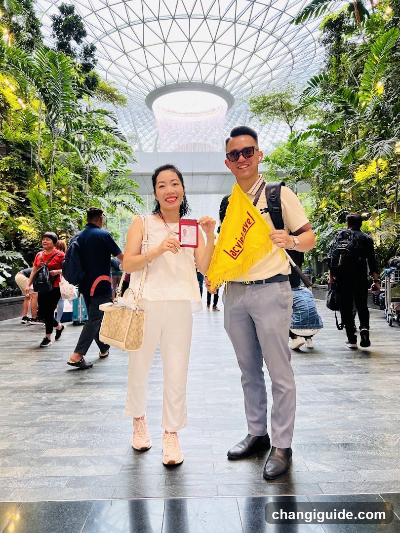 Couple with ID and flag in indoor garden