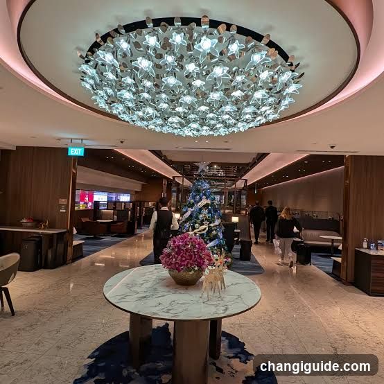 Lobby Interior with Chandelier and Christmas Tree