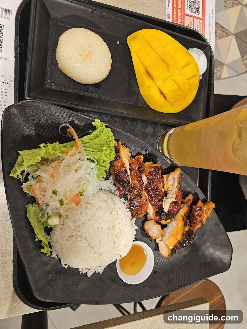 Food Tray with Rice, Chicken, Mango and Drink