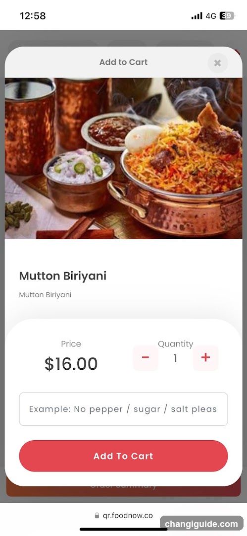 Mutton Biryani Order Screen
