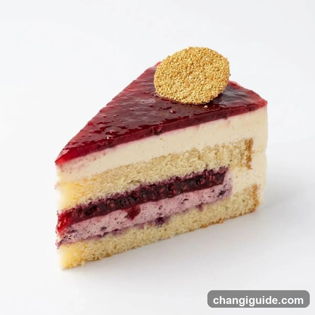 Slice of layered berry cake with cream and sponge