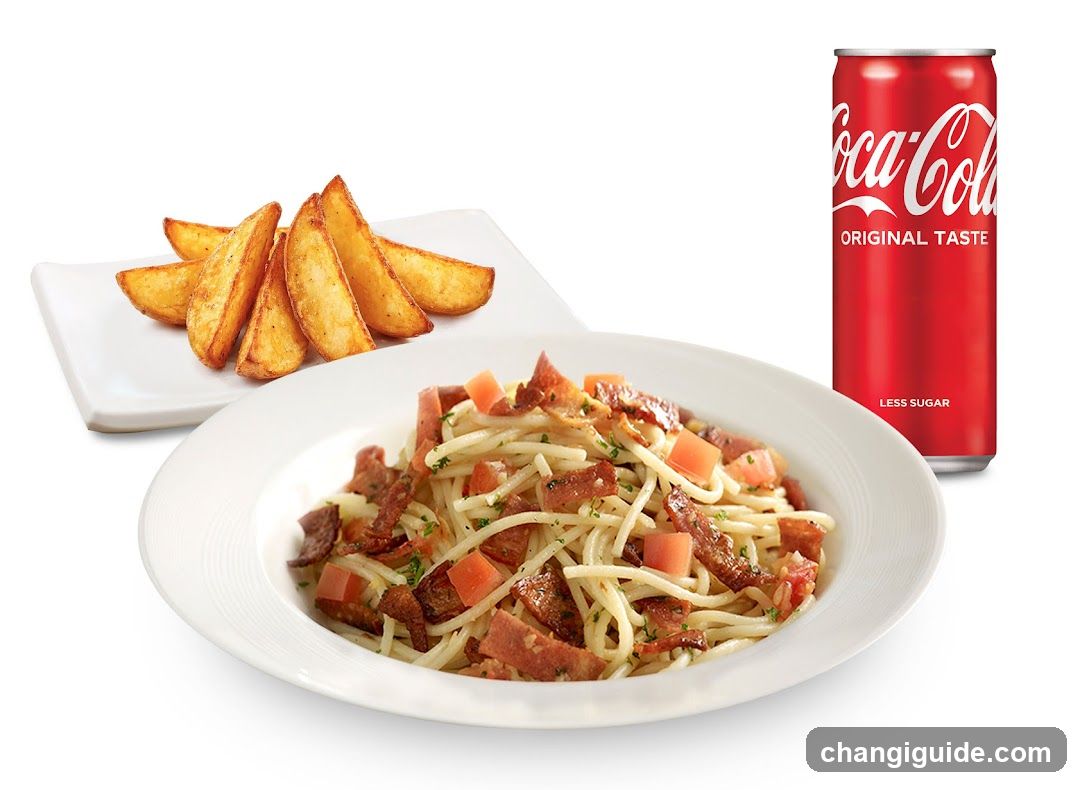Spaghetti with Bacon and Tomato, Potato Wedges, Coca-Cola Can