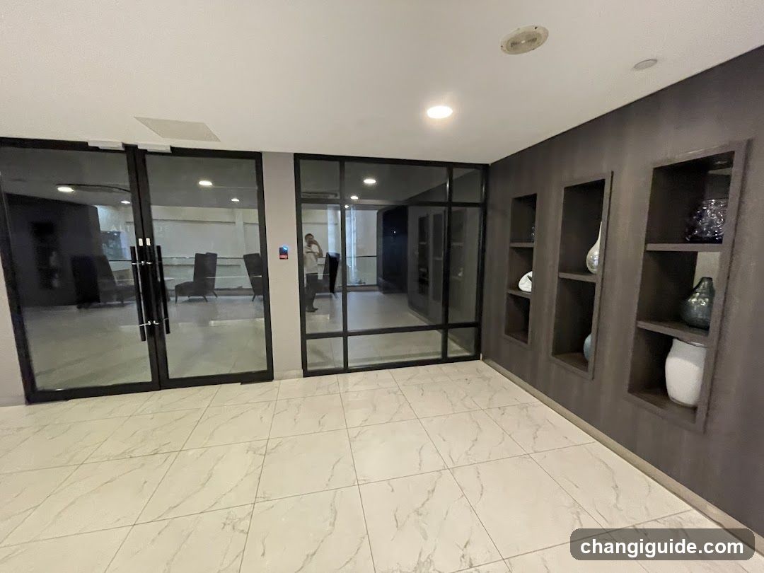 Modern Interior Space with Glass Doors and Shelving