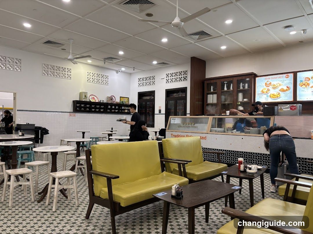 Dining Interior with Yellow Sofas and Staff