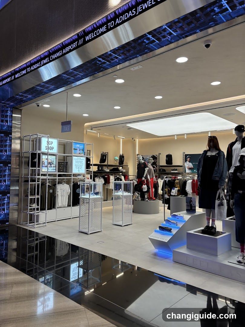 A modern retail storefront with a sleek, metallic facade and illuminated signage reading 'WELCOME TO ADIDAS JEWEL CHANGI AIRPORT'. The entrance features large glass windows revealing an interior display of clothing racks, mannequins dressed in casual wear, and promotional screens. A digital sign above the door displays the store name and location. Inside, products are arranged on tiered platforms with blue LED lighting accents.