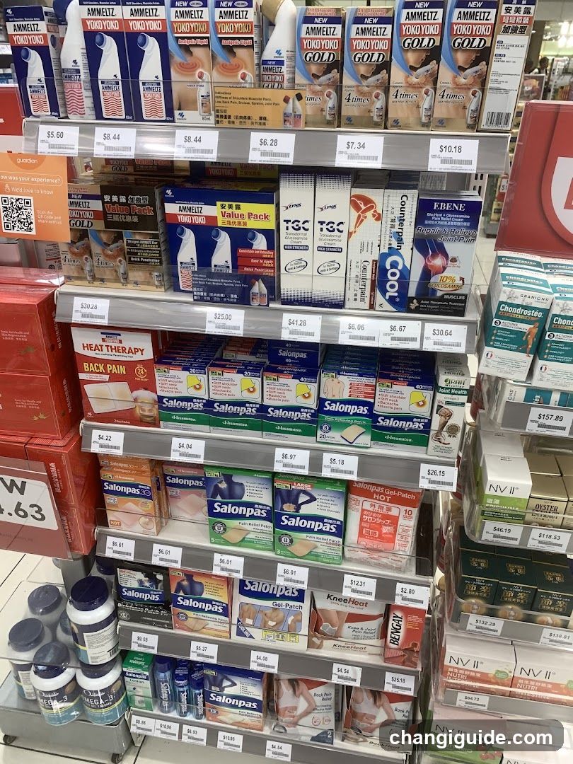 The image shows shelves stocked with various over-the-counter medicines, pain relief patches (Salonpas), muscle rubs (Ammeitz, Ebene), and topical creams. Brands visible include Ammeitz, Salonpas, TGC, Chondrocare, NV II, and KneadHeat. Price tags are attached to the shelf edges.
