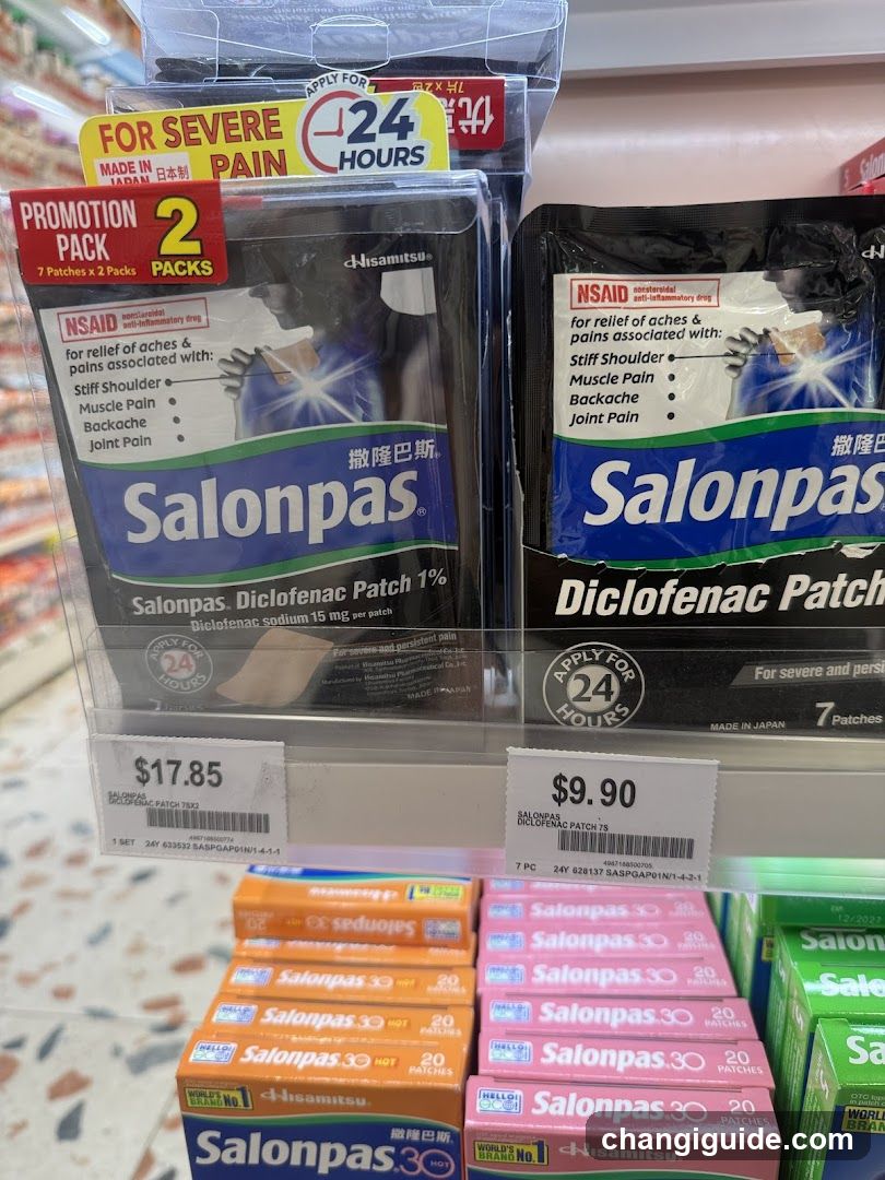 A close-up view of a retail shelf displaying various Salonpas Diclofenac patches and patches in different packaging sizes, including the 'Promotion Pack' with 2 packs inside.