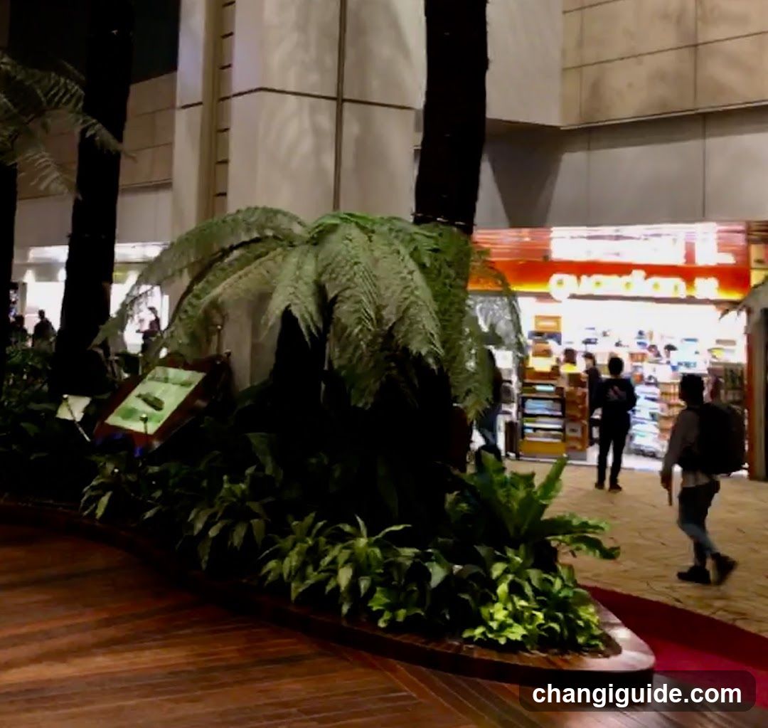 A large indoor plant display featuring ferns and other greenery is situated on a wooden floor, likely in a shopping mall or public building. In the background, there is a brightly lit storefront with visible signage that appears to read 'Guardian'. Several people are walking near the store entrance.