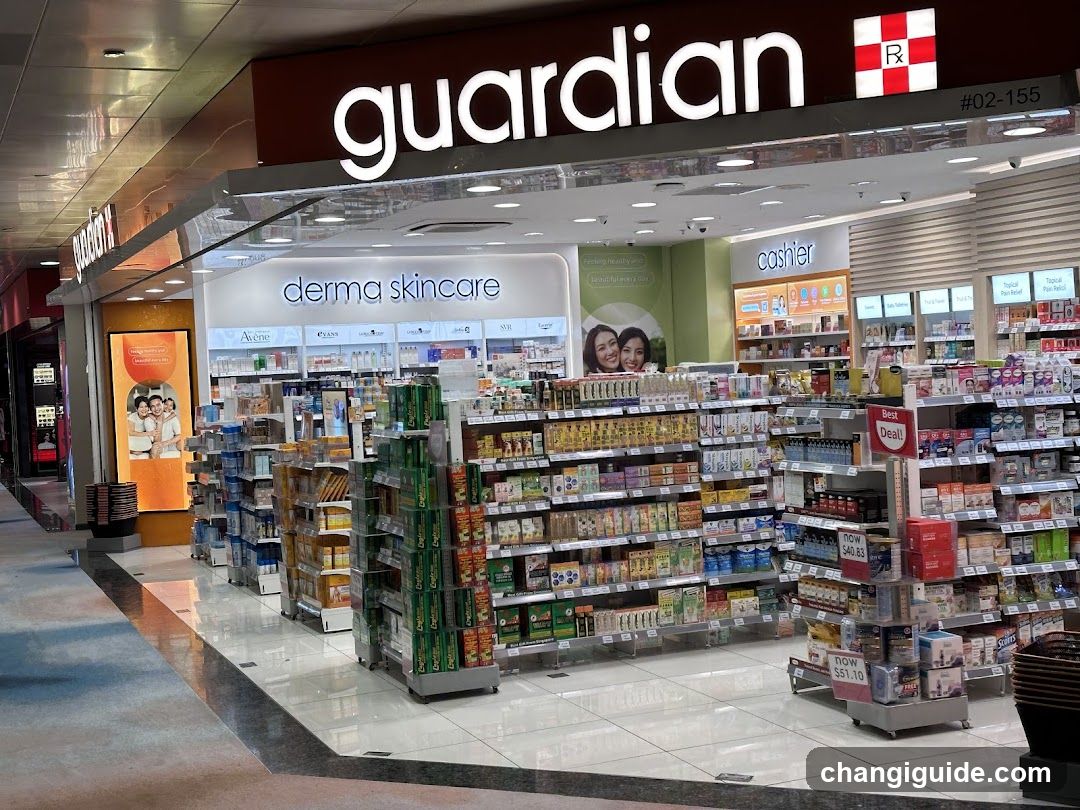 The image shows the exterior of a Guardian pharmacy store, identifiable by its prominent signage featuring the word 'guardian' in lowercase white letters on a dark brown background. The storefront includes multiple sections labeled such as 'derma skincare', 'cosmetics', and various other product categories like vitamins and supplements. Shelves are stocked with an array of health products, including bottles, boxes, and containers. A poster is visible near the entrance showcasing family imagery.
