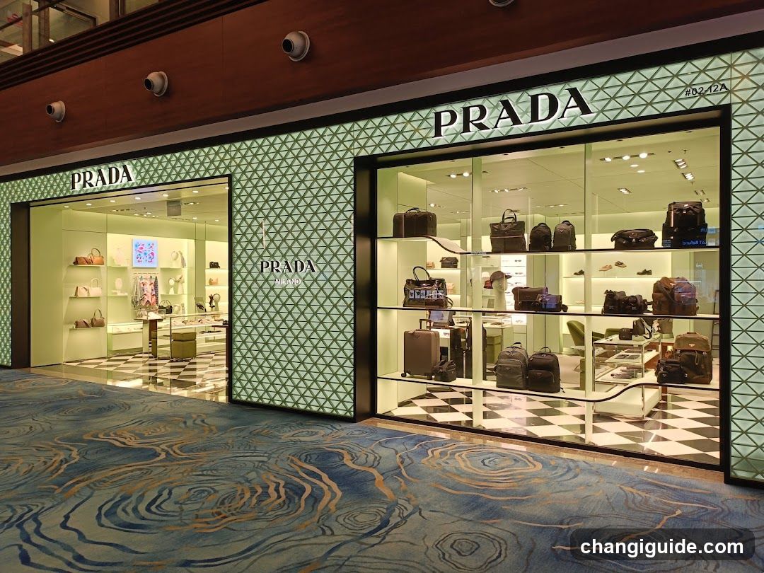 A Prada store facade with green geometric-patterned walls and large glass windows displaying bags, luggage, and accessories. The interior features checkered flooring and illuminated shelves.
