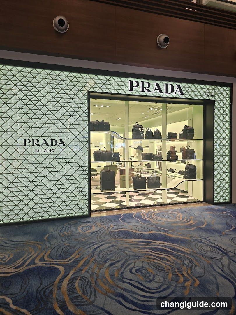 A Prada store entrance with illuminated signage and a patterned facade featuring the brand name 'PRADA MILANO'. The display window showcases various leather goods, including bags and suitcases, arranged on shelves against a checkered floor background.