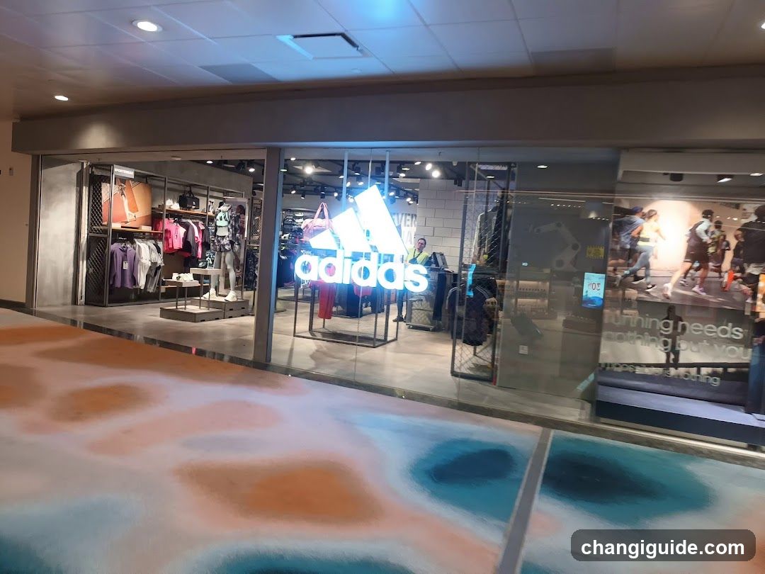 A modern Adidas store with large glass windows displaying clothing racks, mannequins, and a bright neon 'adidas' sign. The interior features organized merchandise sections, including shoes and apparel. A promotional poster on the right window shows runners with text reading 'Running needs nothing but you.' The foreground includes a colorful abstract patterned surface.