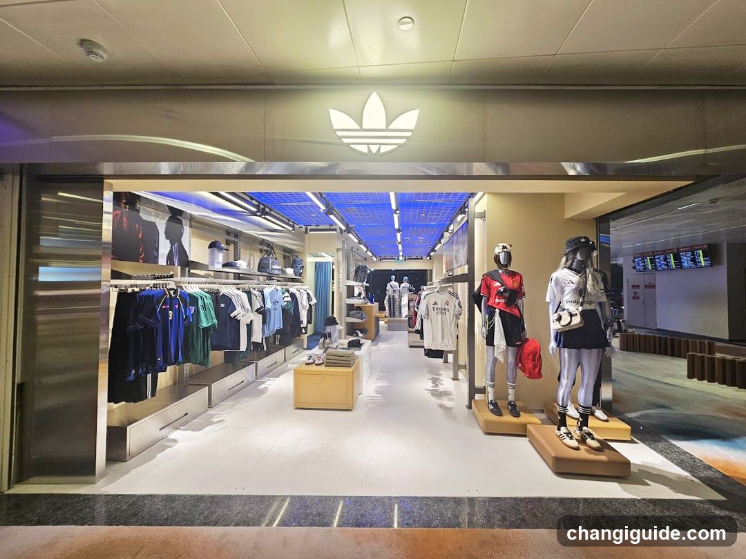 The photo shows the storefront of an Adidas store, identifiable by the illuminated three-leaf logo above the entrance. The interior is visible through glass doors, displaying clothing racks with shirts and pants on the left, and mannequins dressed in athletic wear on the right. Blue LED lighting runs along the ceiling inside. No signage or menu boards are visible outside.