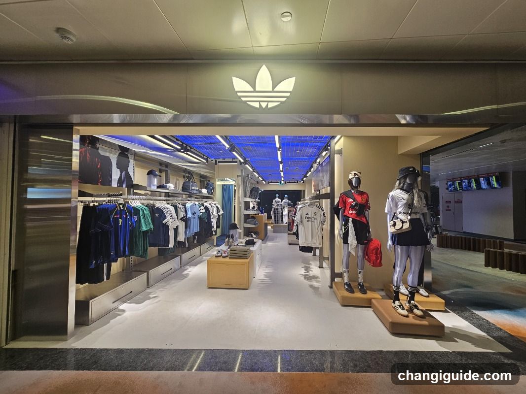 The image shows the storefront of an Adidas store, identifiable by the illuminated three-leaf logo above the entrance. The interior is visible through a wide glass facade, revealing neatly arranged clothing racks with shirts and jackets in various colors. Mannequins display sportswear on wooden platforms to the right. Blue LED lighting accents the ceiling inside, creating a modern ambiance. No signage or menu boards are present outside.