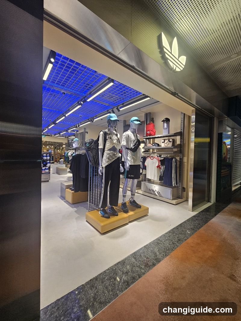 The image shows the exterior entrance of an Adidas store, featuring a prominent illuminated Adidas logo above the doorway. Inside, mannequins dressed in athletic wear are displayed on wooden platforms. Clothing racks with shirts and pants line the walls under blue LED lighting. The storefront is modern with metallic accents and glass doors.