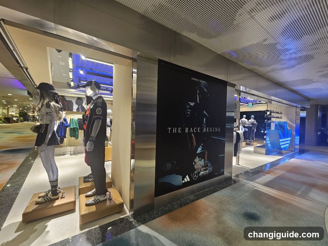 The image shows the exterior of an Adidas store, featuring a large promotional poster on the wall that reads 'THE RACE BEGINS' with logos for Mercedes-AMG and Audi. The storefront includes mannequins dressed in athletic wear, including tracksuits and sneakers, displayed on wooden platforms. Inside, more clothing items are visible under bright lighting.