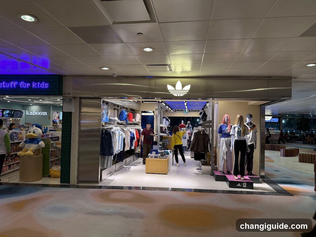 The image shows the exterior of an Adidas store, featuring a prominent white Adidas logo above the entrance. The store is well-lit with visible mannequins dressed in various outfits displayed outside. Inside, customers can be seen browsing through clothing racks and shelves filled with merchandise. To the left, there is another shop labeled 'stuff for kids' with a blue neon sign.