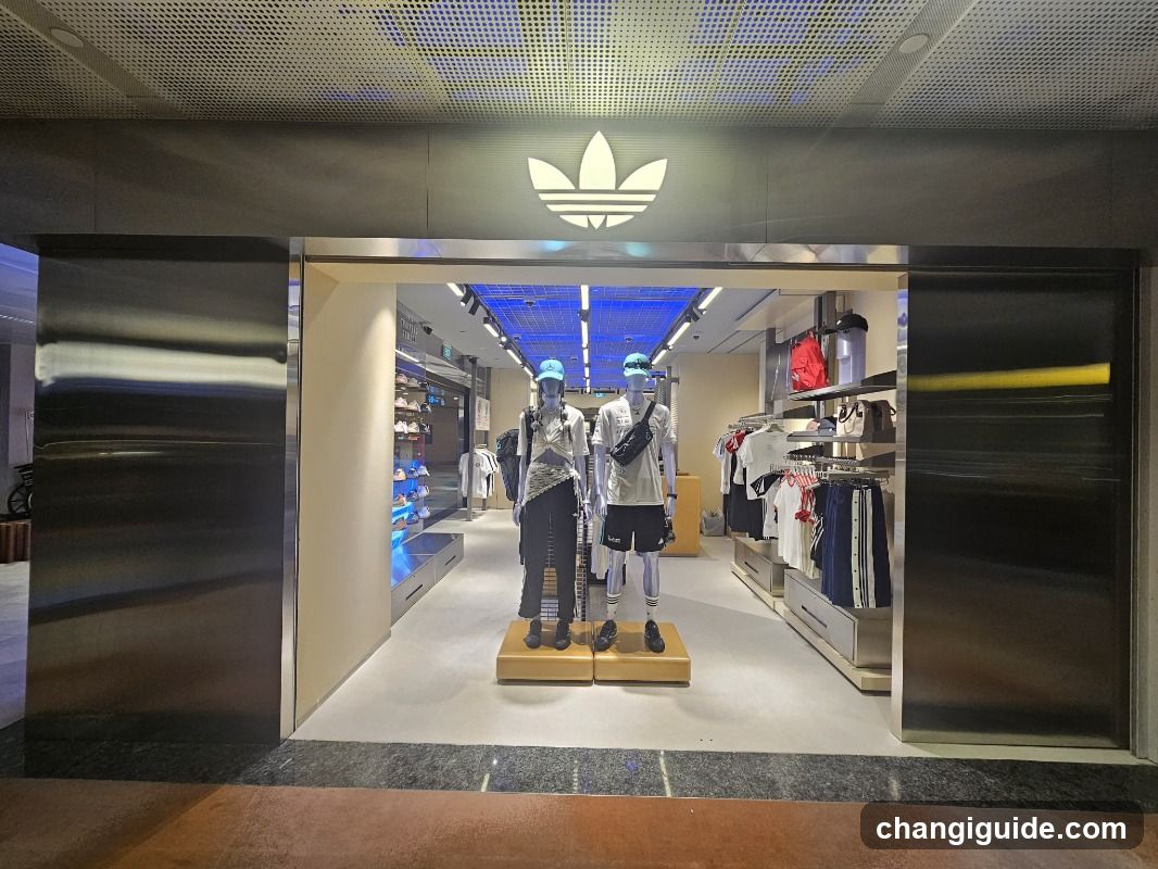 The photo shows the exterior entrance of an Adidas store, featuring a prominent illuminated Adidas logo above the doorway. Inside, mannequins display athletic wear under blue lighting, with racks of clothing visible on both sides.