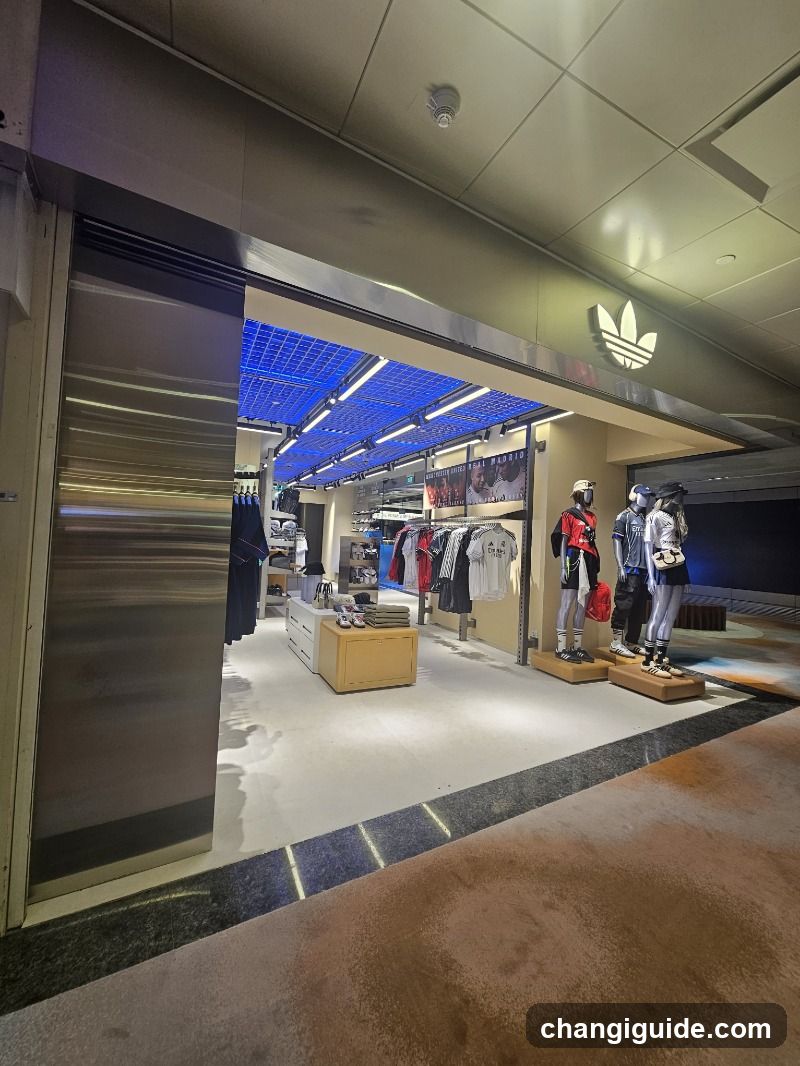 The image shows the entrance of an Adidas store, featuring a prominent illuminated logo above the doorway. Inside, there are mannequins dressed in athletic wear and racks of clothing under blue lighting.