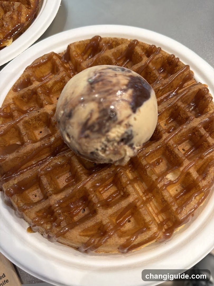 Waffle with Ice Cream and Caramel Sauce