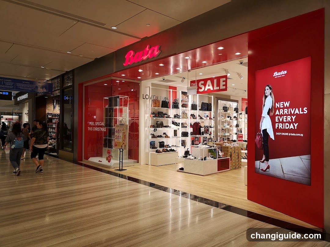 A Bata shoe store in a shopping mall, featuring red signage and large glass windows displaying shoes and bags. A 'SALE' sign is visible inside the store, along with promotional posters advertising new arrivals every Friday.