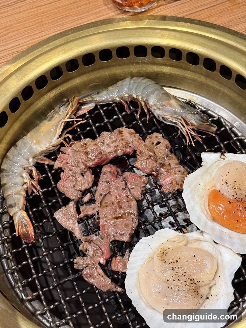 Grilled Seafood and Meat on Hot Pot Grill