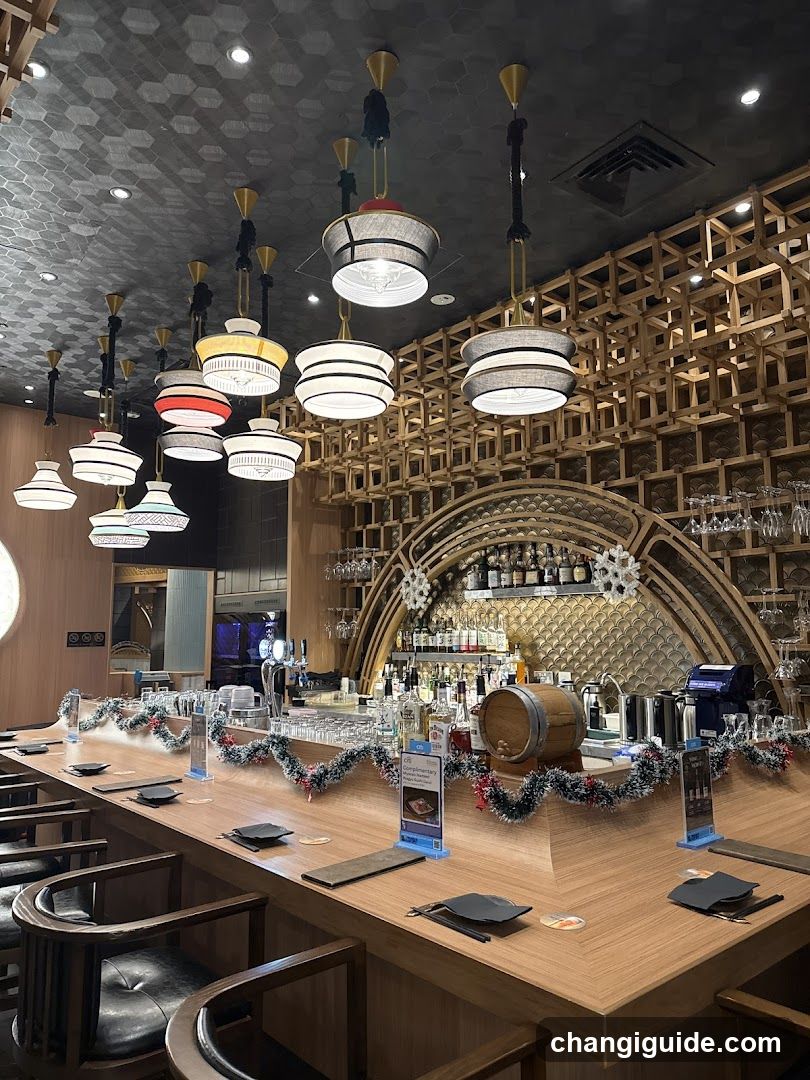 Bar Interior with Decorative Lighting and Wooden Bar Counter