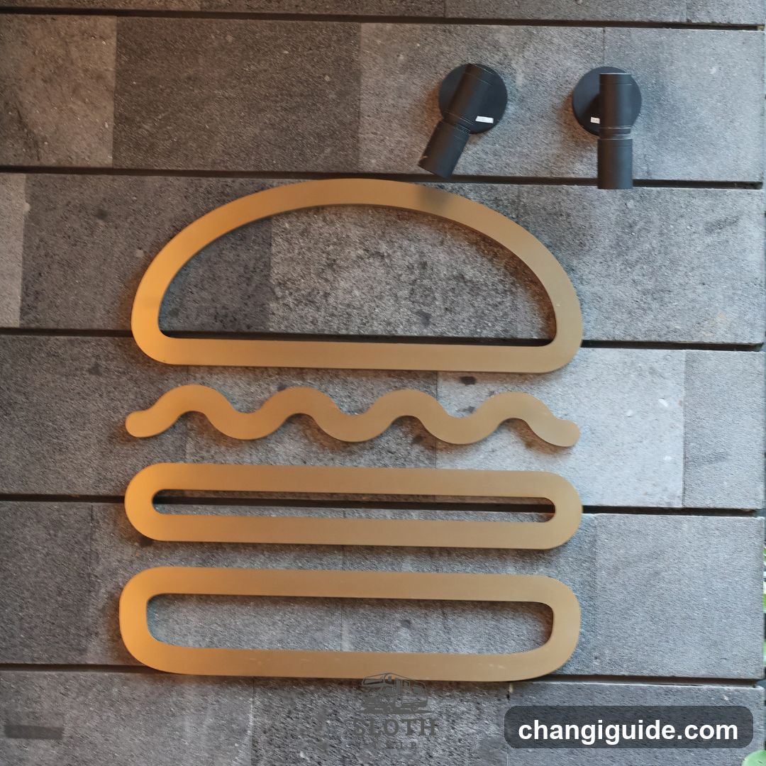 A golden, stylized burger sign mounted on a gray stone wall facade. The sign consists of five cut-out pieces forming the shape of a hamburger bun, lettuce, patty, and bottom bun. Two black outdoor spotlights are positioned above the sign. No readable business name or menu is visible.