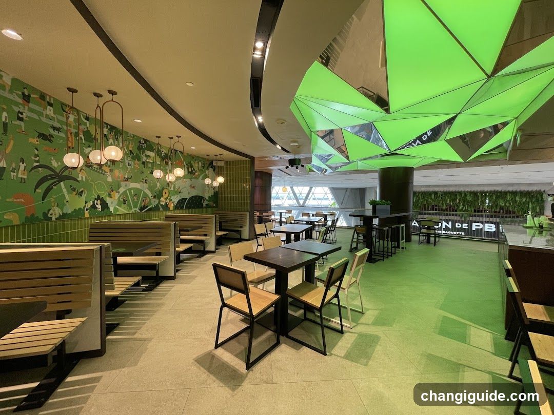 Interior of a modern café or restaurant with green theme