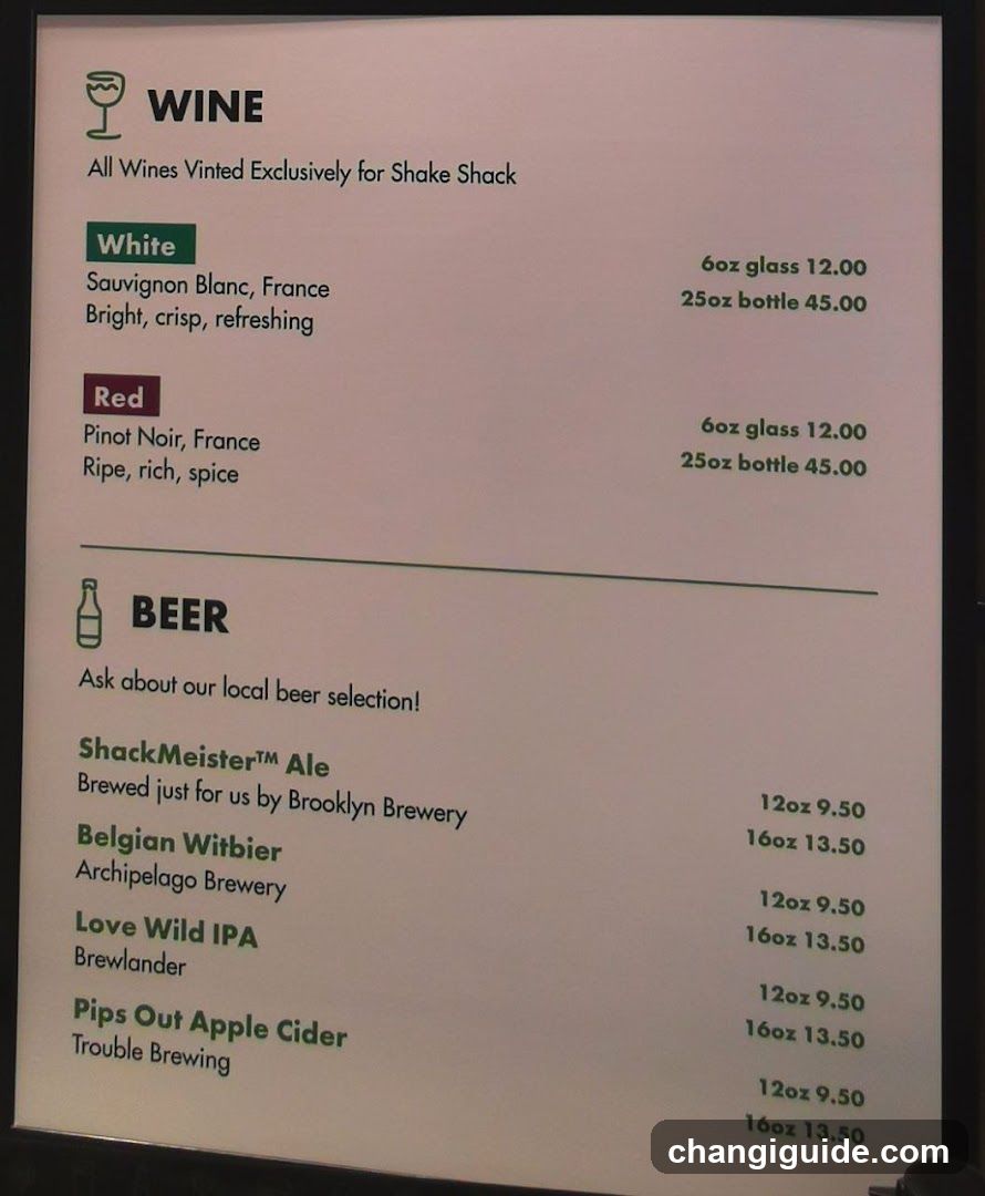 Shake Shack Wine and Beer Menu