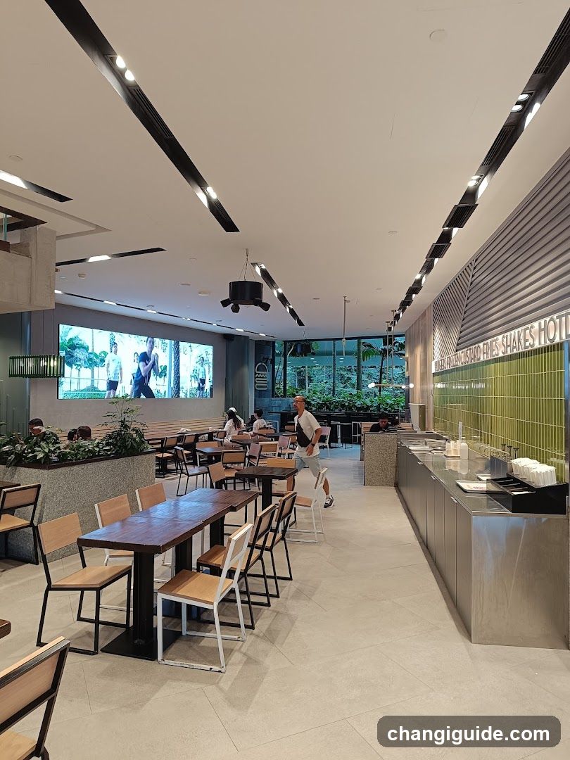 Modern Cafe Interior with Digital Screen and Green Tiled Wall