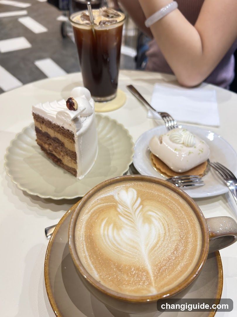 A table setting featuring a latte with heart-shaped foam art, an iced coffee, a slice of layered cake with white frosting, and a small pastry on a plate. A person's arm is visible in the background.