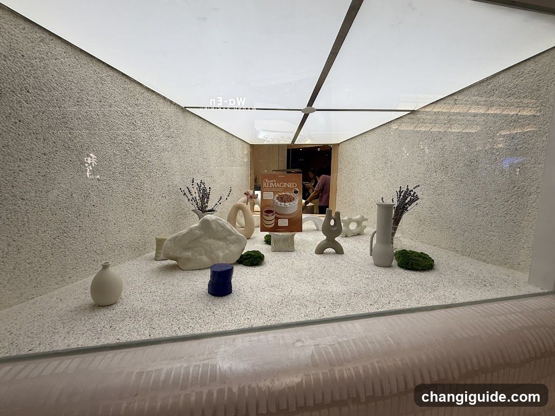 A well-lit interior space featuring a textured white floor and walls, displaying various ceramic sculptures including vases, abstract forms, and small green moss-like elements. A cardboard box labeled 'REIMAGINED' is placed centrally among the items. In the background, people are visible near an entrance.