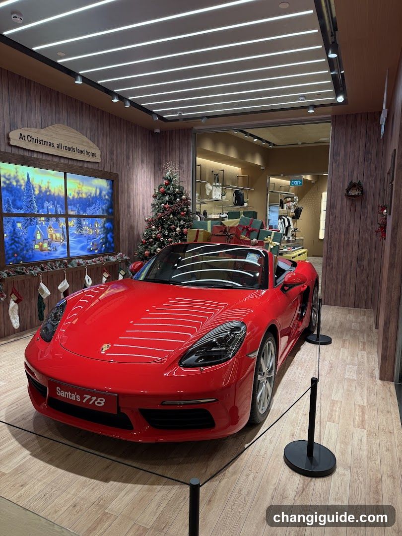 Red Porsche 718 in Christmas Decorated Store Interior