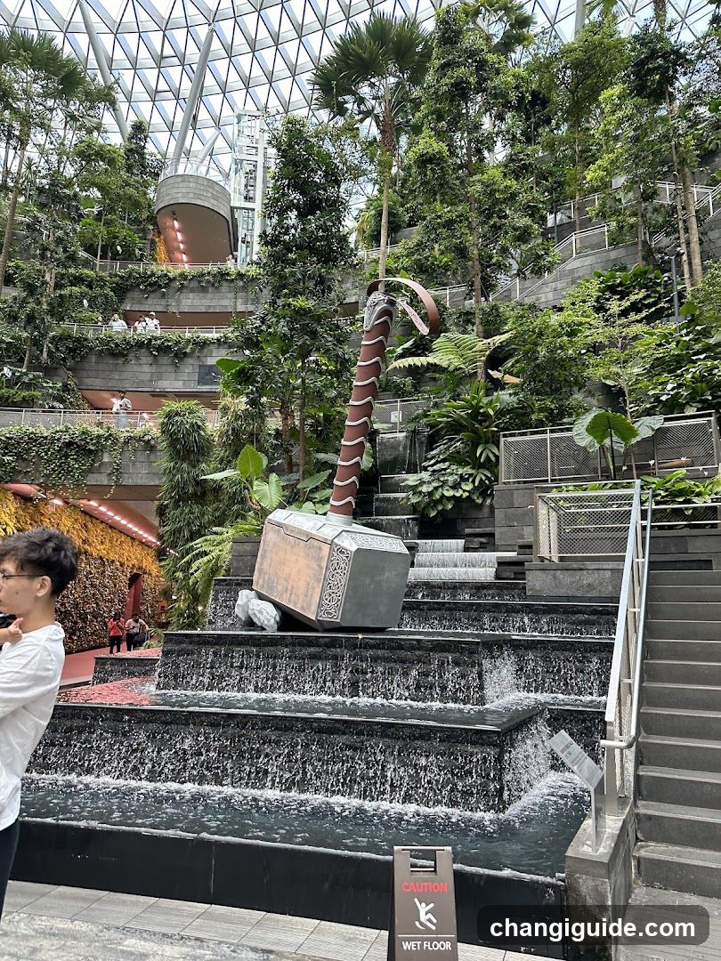 Thor's Hammer Sculpture in Waterfall Feature