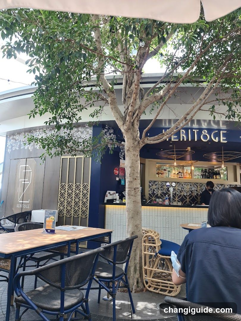 Outdoor Cafe Scene with Tree and Bar Counter