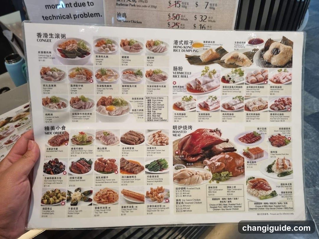 A printed menu held by a hand, featuring sections like 'Congee', 'Hokkaido Rice Dumpling', 'Vermicelli Bowl', 'Side Dishes', and 'Roasted Meat'. The menu includes prices in HKD and Chinese characters.